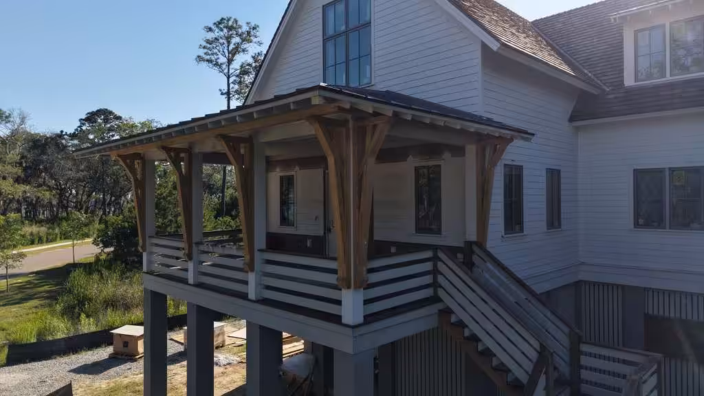 Modern house with wooden porch.
